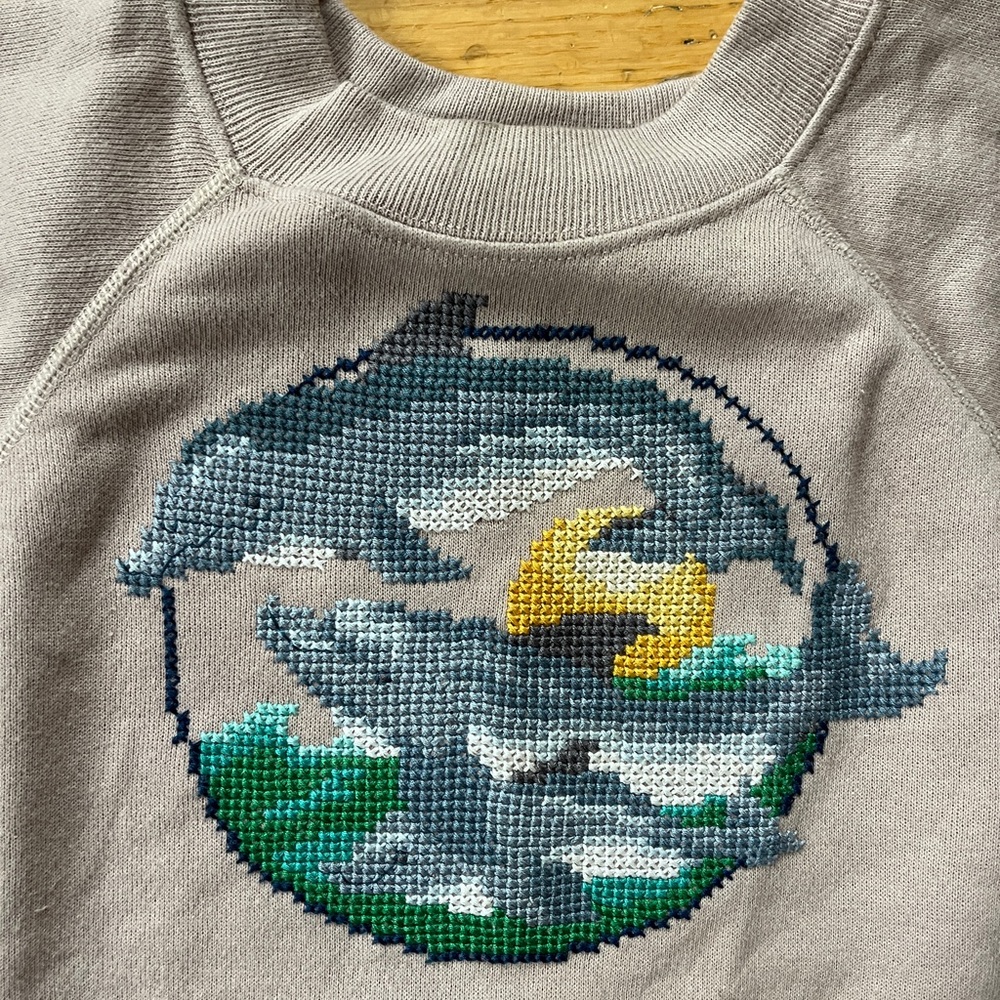 handmade dolphin embroidered beige tan sweatshirt S embroidery knit porpoise